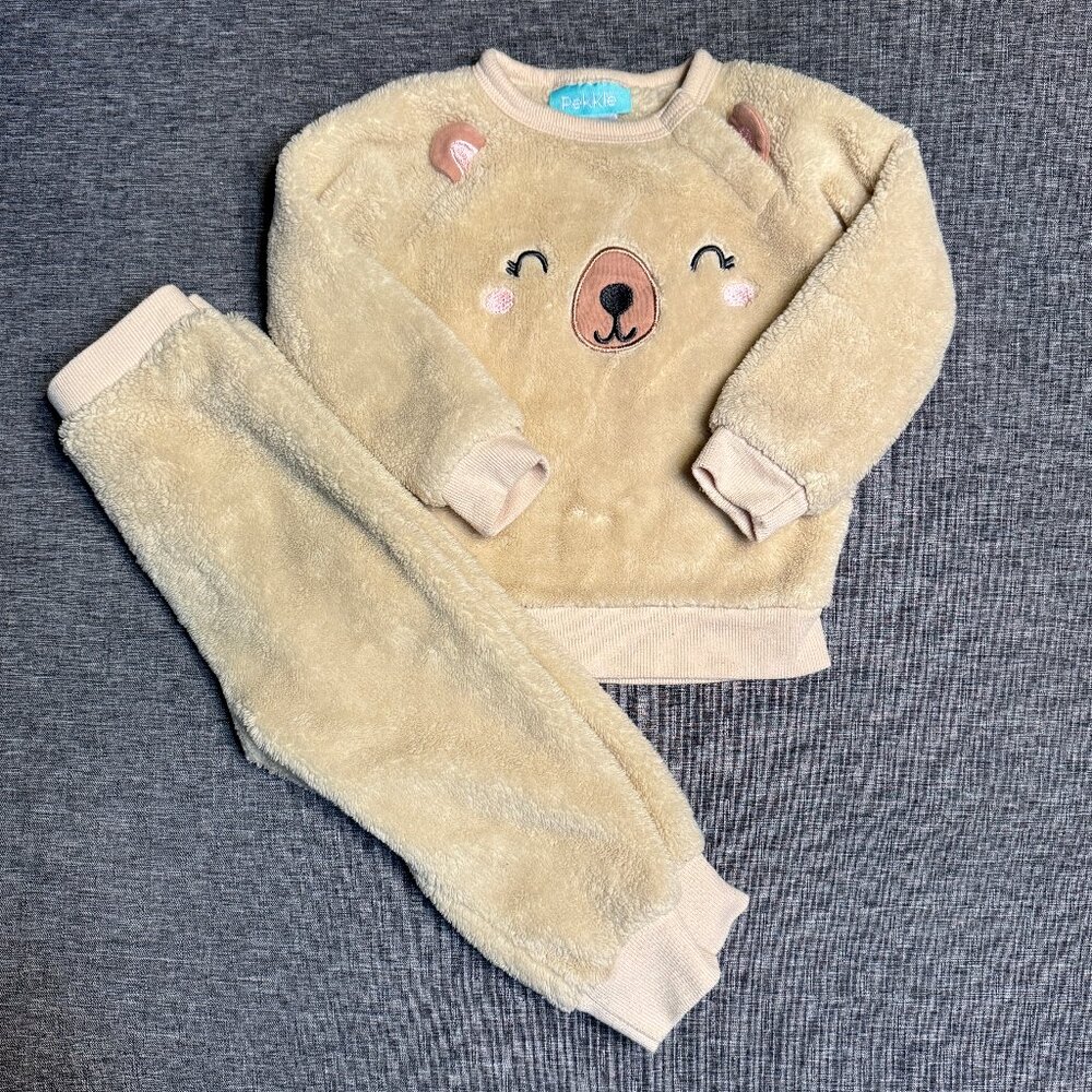 PEKKLE 2 piece matching Fleece sweatsuit - Tan - Dog design - Size 18 mo